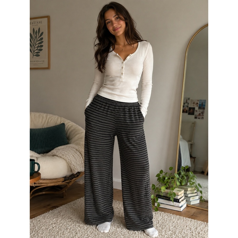 Dressed In Lala Striped Wide Leg Lounge Pants Sz L Gray Black Elastic Waist Cozy